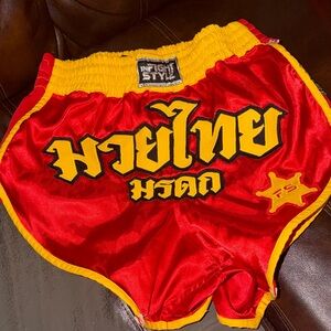 In fight style Red and Yellow Muay Thai Shorts boxing men’s large